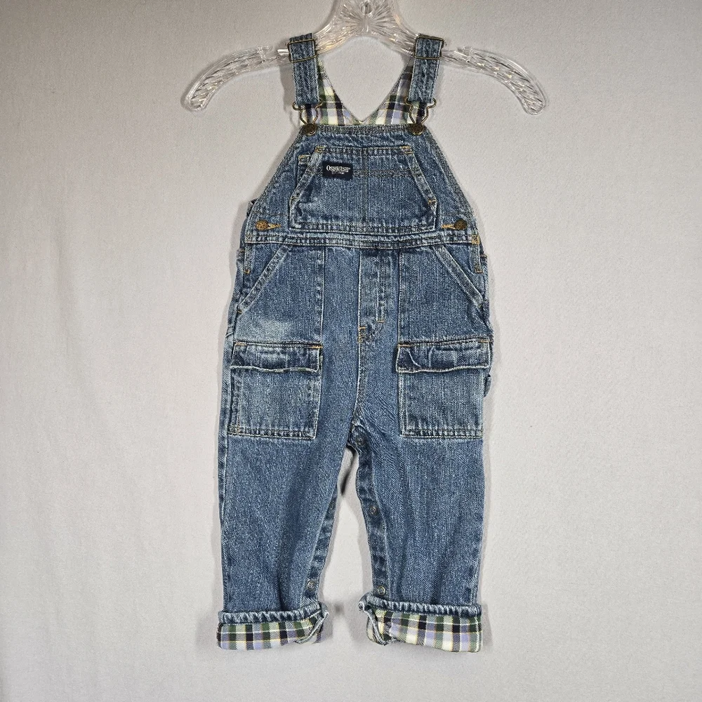 Vintage Oshkosh Denim Overalls Size 24 Months Jeans Cargo Pockets Plaid